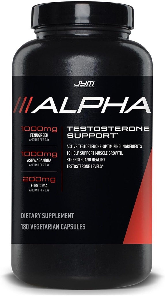 Alpha JYM Testosterone Support | Male Vitality, Hormone Optimization, Ashwagandha, Fenugreek, Eurycoma, Damiana, Quercetin, DIM | JYM Supplemental Science | 180 Vegetarian Capsules