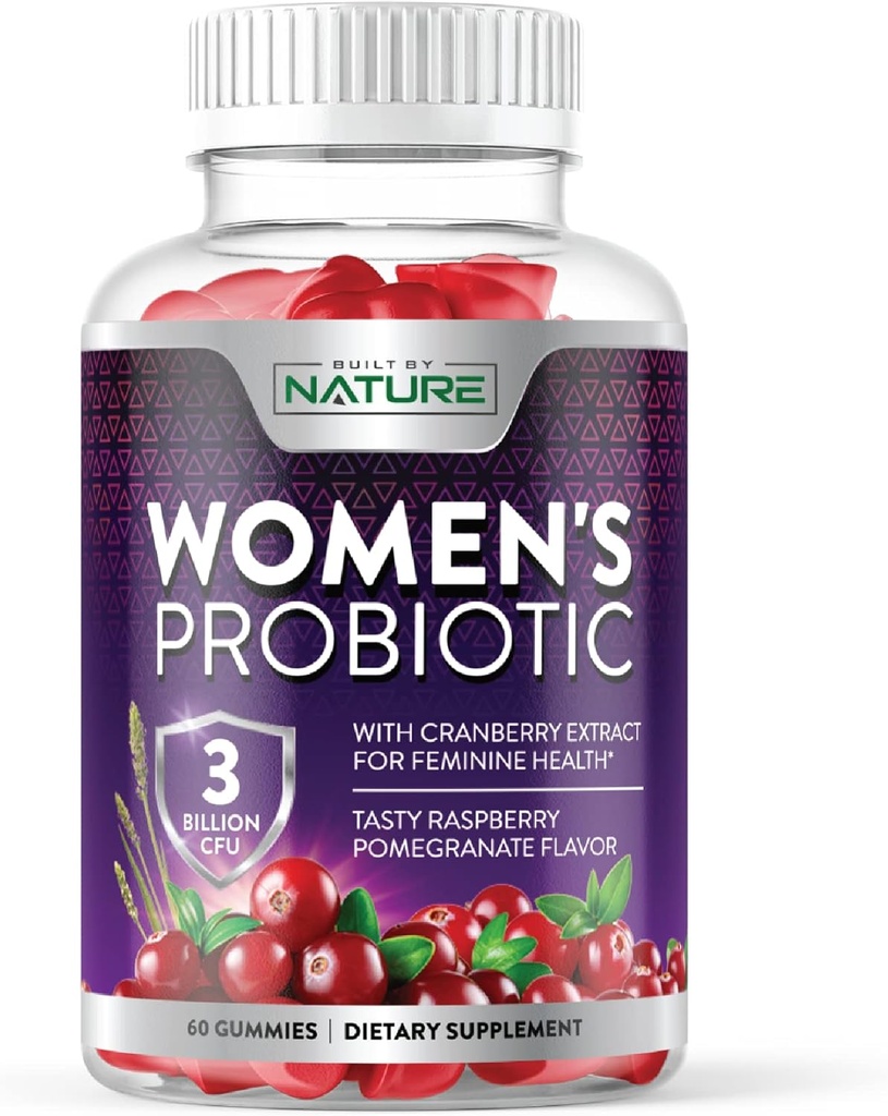 Construit par la nature Probiotiques pour les femmes Gommies 3 milliards CFU, 6 souches probiotiques avec supplément de canneberge, digestif, immunitaire, vaginal et urinaire santé, plateau stable, 60 gummy