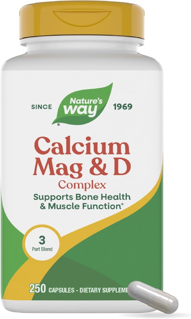 Nature's Way Complexe de magnésium et vitamine D, os et dents sains, fonction musculaire*, relaxation musculaire,* avec vitamine D3, sans gluten, 100 capsules (paquetage mai Vary)
