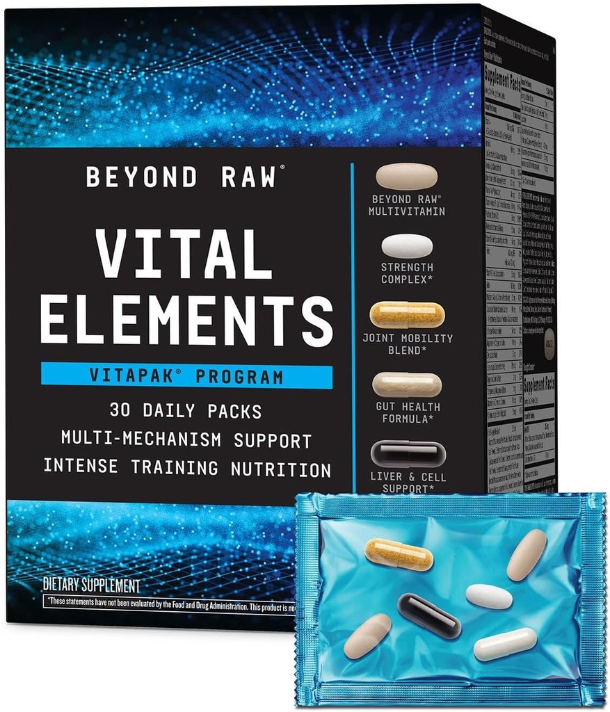 BEYOND RAW Vital Elements Programme Vitapak, Packs de vitamines alimentaires pour les hommes et les femmes, Formule santé Gut, Force, NAC, Mobilité conjointe, 30 Packets