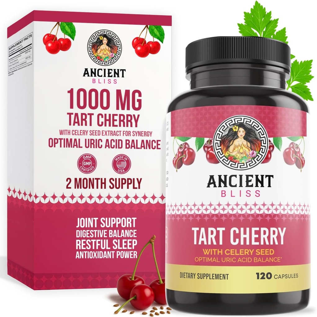 Ancien Tart Tart Capsules de cerise, Supplément d'inflammation et de soutien pour les hommes et les femmes, Supplément Tart Cherry pour soutenir la digestion, le sommeil et la vitalité (120 Capsules)