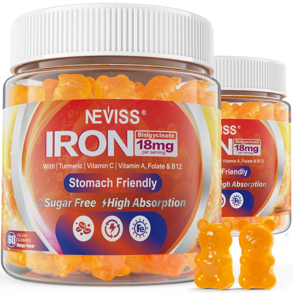 Supplément de gommies de fer végétalien avec vitamine C, B12, folate et curcuma - Énergie et santé immunitaire