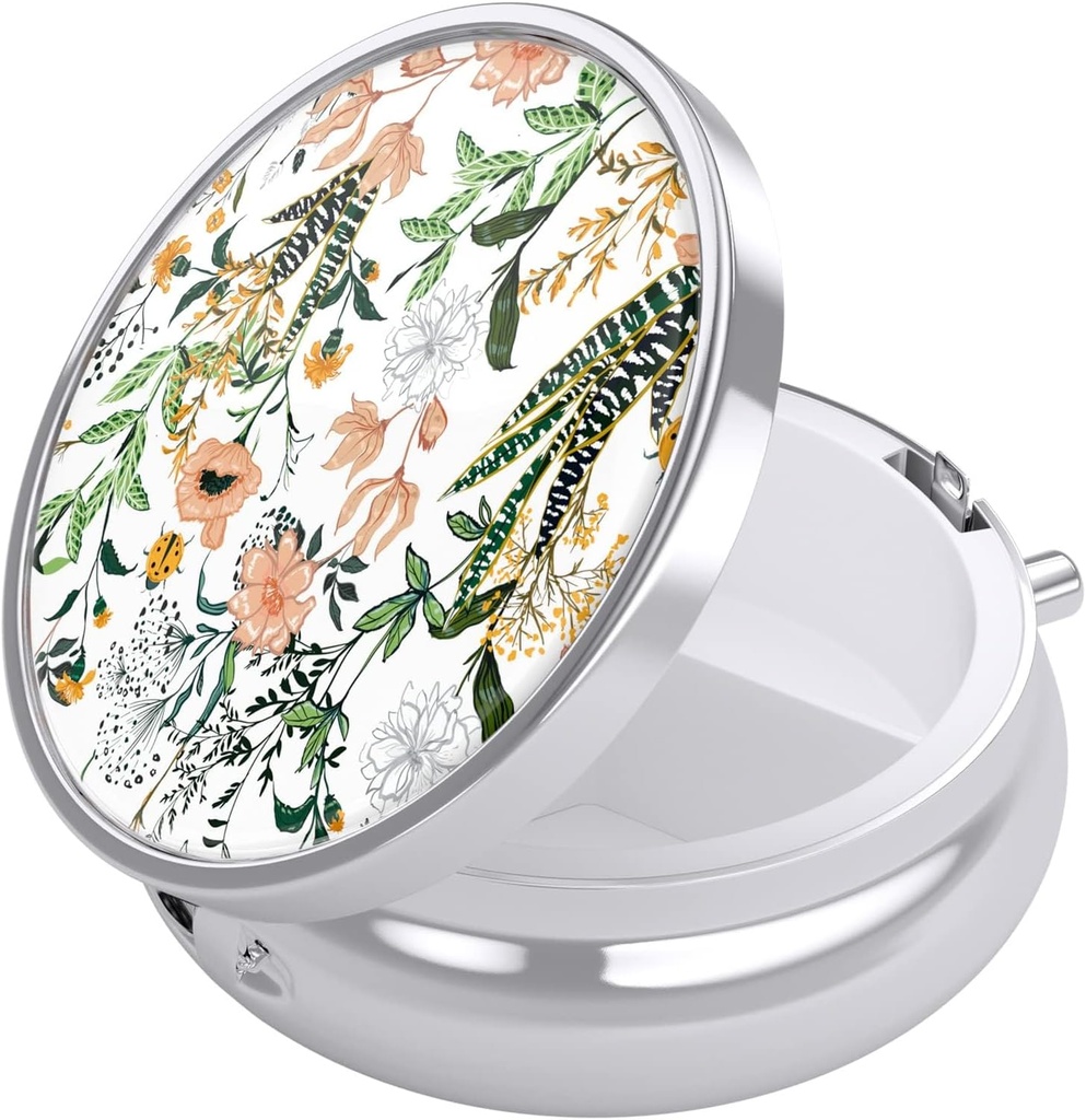 Boîte à pilules Nipichsha, petit étui à pilules pour la Purse & Pocket, Mignon organisateur de médicaments de voyage, porte-conteneur de médicaments portables pour contenir des vitamines, médicaments, huile de poisson et supplément, Fleurs Illustration