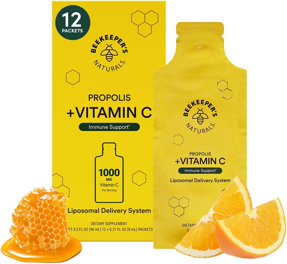 Propolis Liposomique Vitamine C par Beekeeper's Naturals, 1000mg Vitamine C, Propolis et miel biologique, Supercharged Immune Support et Bioavailibity Augmentation pour Max Absorption, 12 Ct