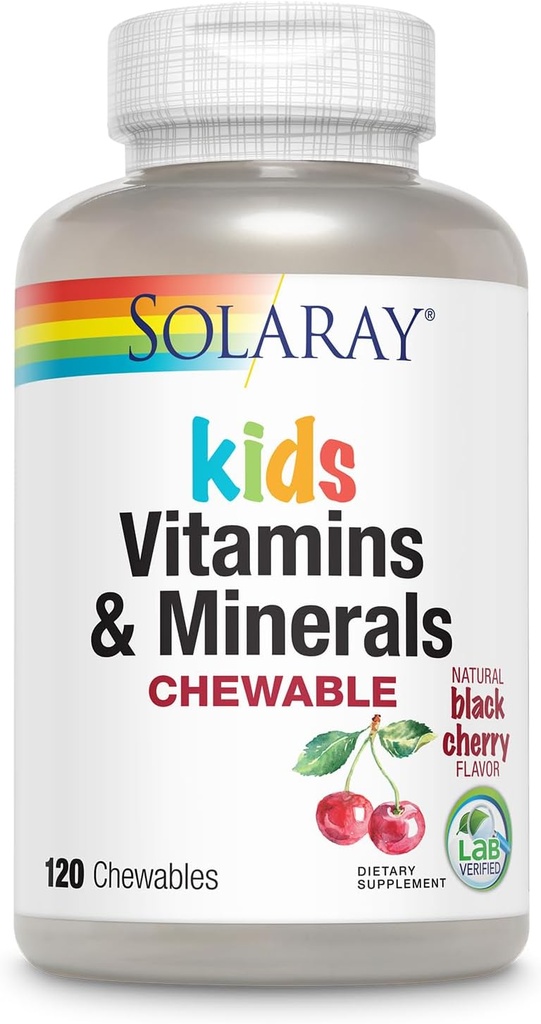 SOLARAY Enfants Vitamines et minéraux Multivitamine complète pour les enfants Great Black Cherry Flavor (076280047974) (120 Chews, 60 Serv)