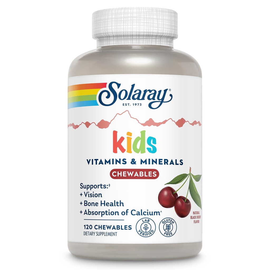 SOLARAY Enfants Vitamines et minéraux Multivitamine complète pour les enfants Great Black Cherry Flavor (076280047974) (120 Chews, 60 Serv)
