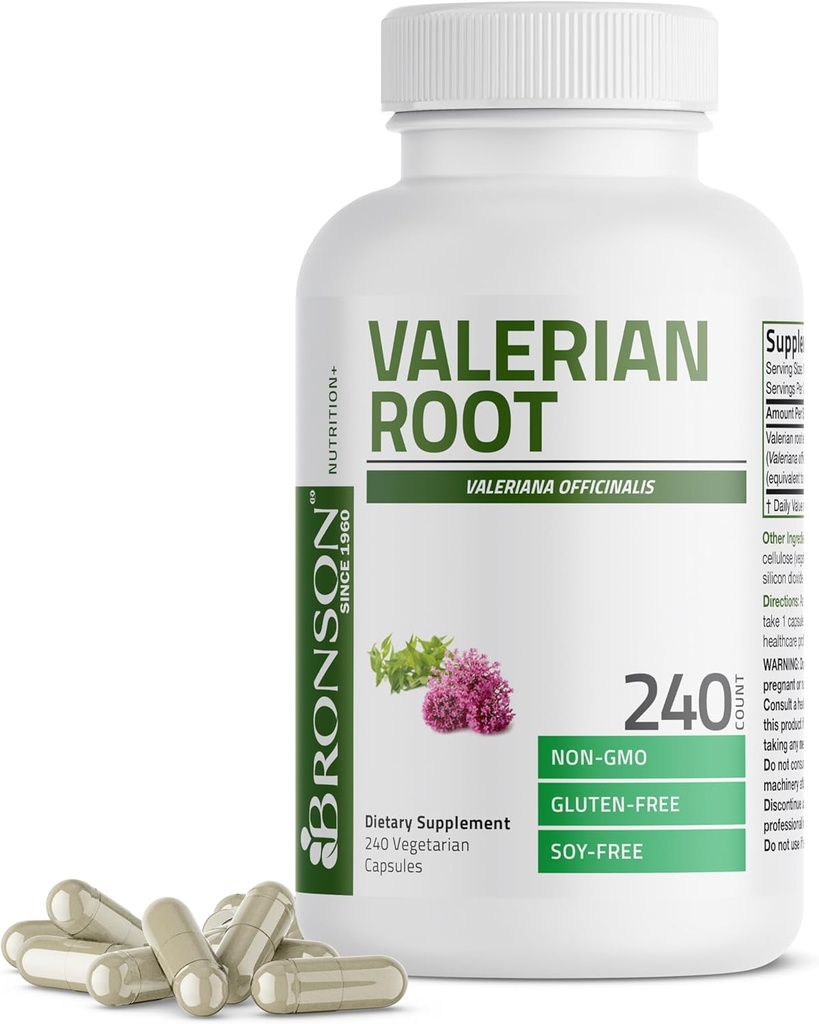 Bronson Valerian Root Capsules - Valerian Officinalis - Encourage la relaxation - Non-OGM, sans gluten sans soja, 240 capsules végétariennes