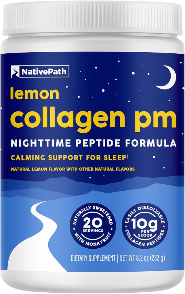 NativePath Collagen PM - Lemon Nighttime Collagen Peptides Poudre avec Magnésium, GABA, L-Theanine et Melatonine - 20 portions