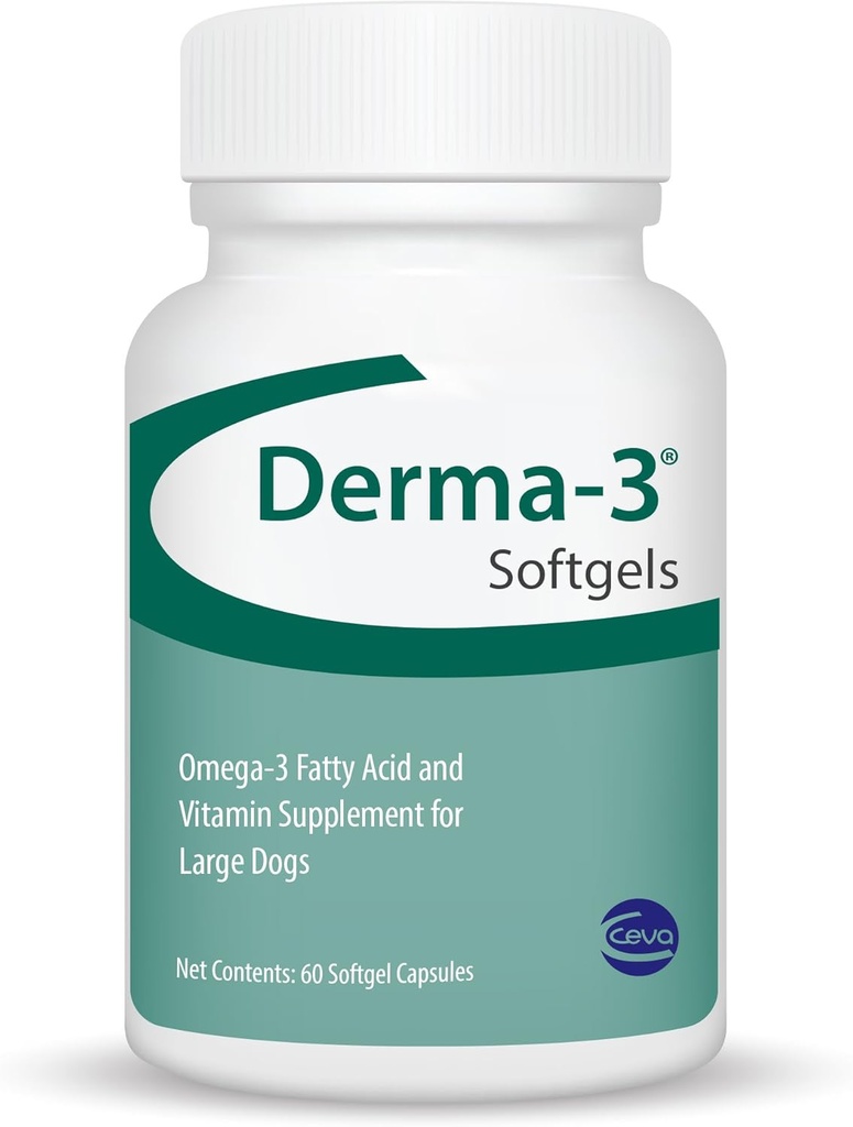 Ceva Derma-3 Softgels, Oméga-3 Acides gras et supplément de vitamine pour les grands chiens (60 Nombre)