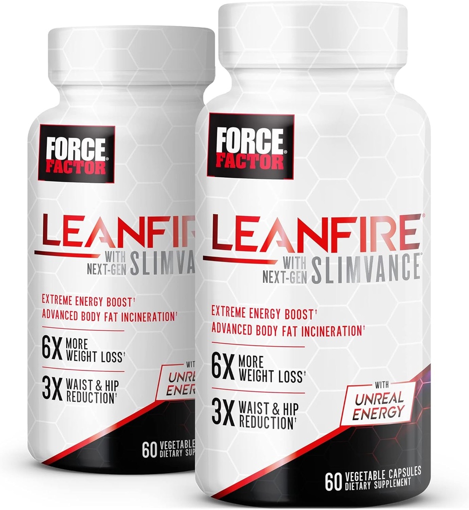 FACTEUR DE FORCE LeanFire with Next-Gen SLIMVANCE, 2-Pack, pilules d'énergie avancées avec des vitamines B et de la caféine pour stimuler le métabolisme, améliorer la concentration, et améliorer la performance d'entraînement et de conditionnement physique, 120 capsules