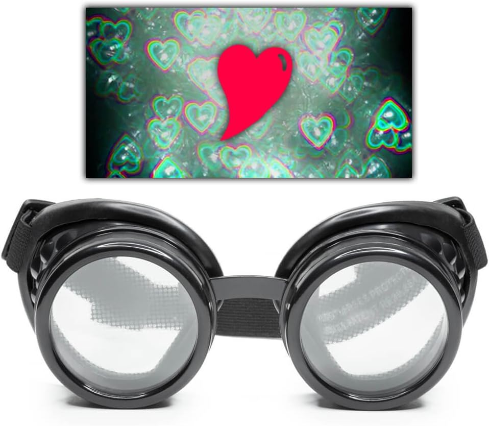 GloFX Black Heart Effect Goggles - Voir les coeurs - 3D Holographic Visuals Edm Rave Outfit Steampunk Costume Cosplay Music Festival Essentiel
