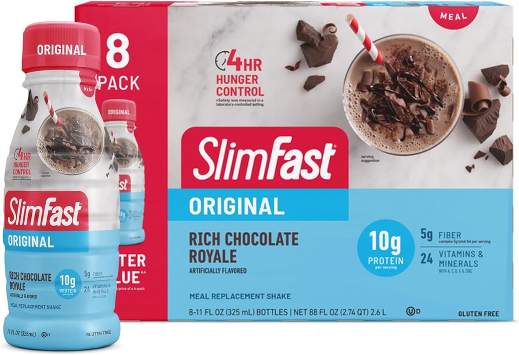 Remplacement de repas SlimFast Shake, Original Rich Chocolat Royale, 10g de protéines prêtes à boire pour la perte de poids, 11 Fl. Oz bouteille, 8 Compte