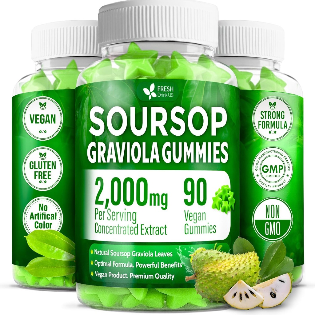 FRESHDRINKUS, Premium 90 Gommies de Soursop Graviola, 2000mg par portion, 45 jours d'approvisionnement – 100% de l'extrait naturel de Soursop Graviola, végétalien, non-OGM, sans gluten (90 Gommies)
