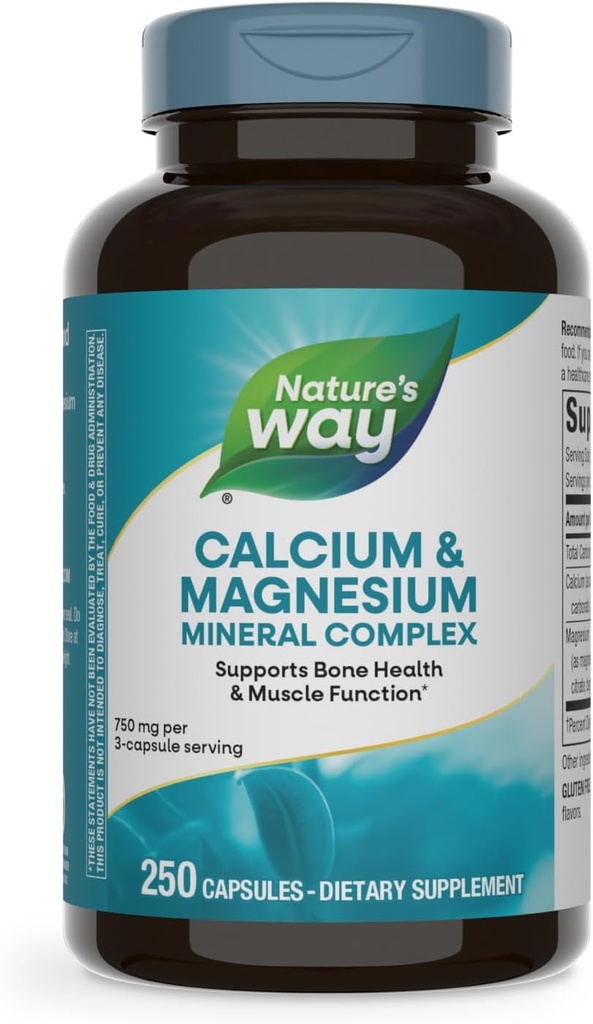 Nature's Way Calcium & Magnésium Mineral Complex, soutient la santé osseuse et la fonction musculaire,* 750 mg par service à 3 capsules, 250 capsules (paquetage May Vary)
