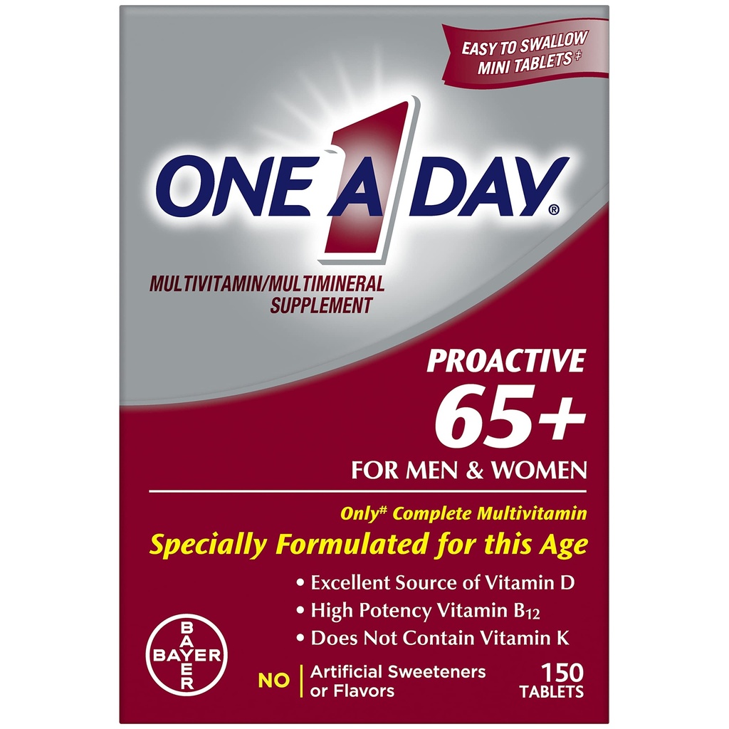 Un jour Proactive 65+, Multivitamine masculine et féminine, supplément de vitamine A, C, D et zinc pour soutenir la santé osseuse et cellulaire, le calcium, l'acide folique, le comprimé 150 Compte