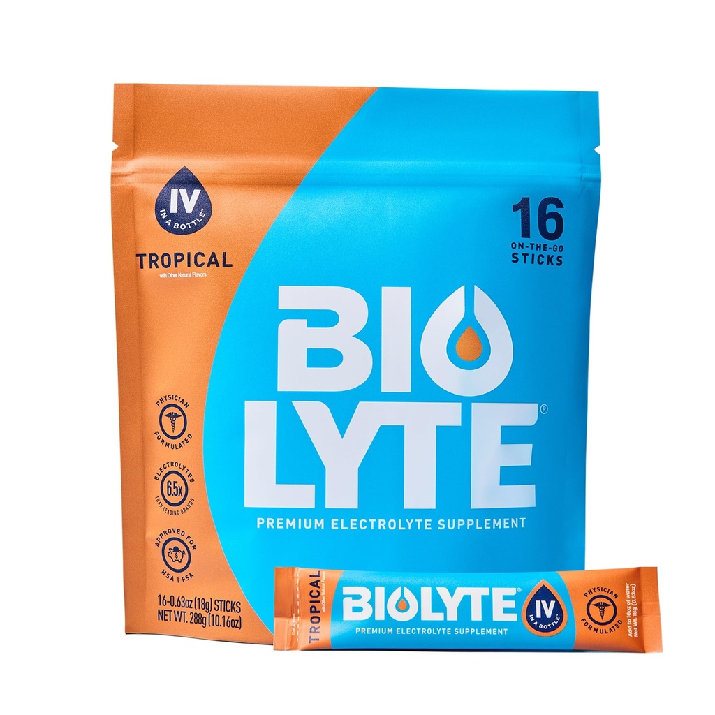 BIOLYTE IV Paquets de poudre d'électrolyte, IV Mélange de boisson liquide pour l'eau, Hydratation développée par le médecin, HSA & FSA approuvé Déshydratation, la chimiothérapie doit avoir pour les femmes et les hommes - Tropical (16 bâtons)