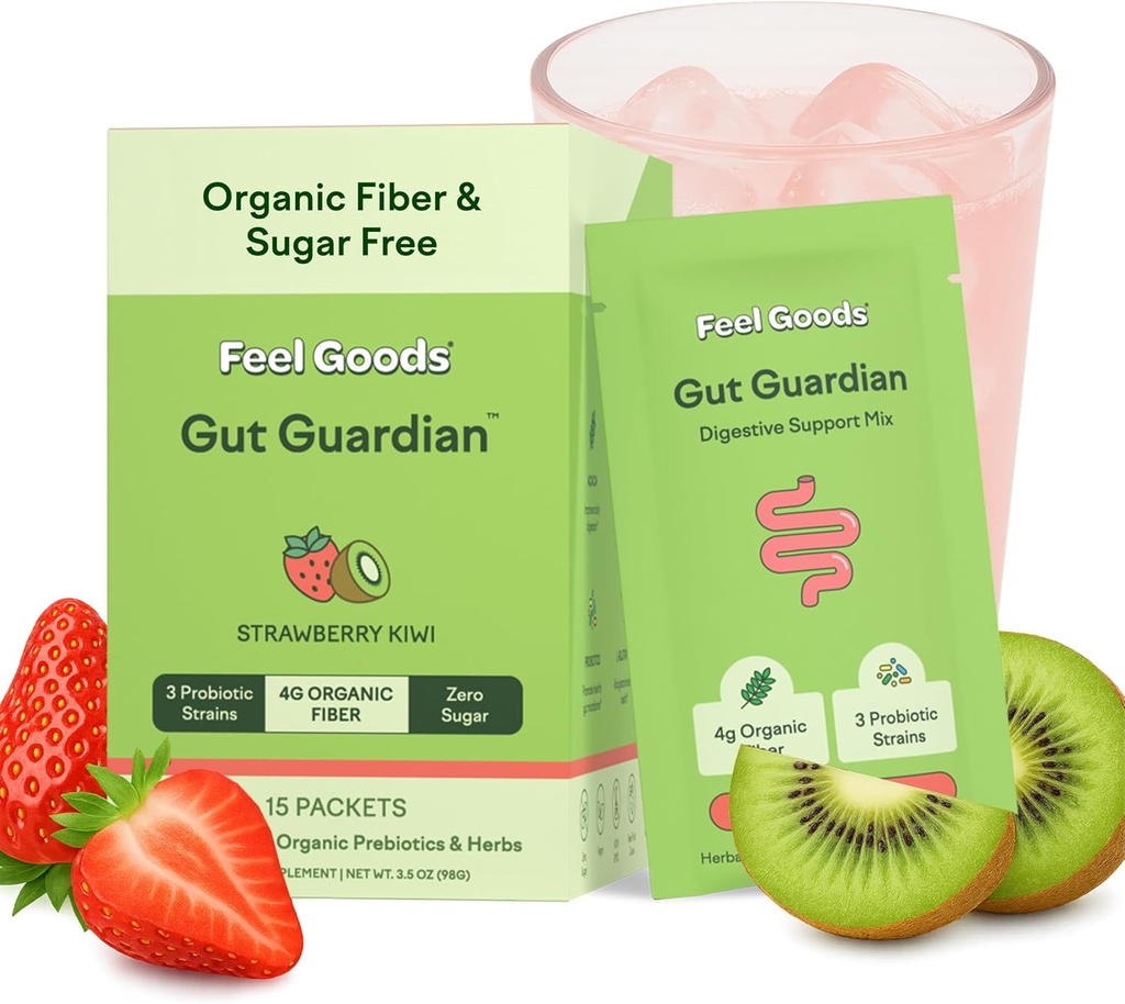 Feel Goods Gut Guardian, Fibre biologique, Poudre probiotique et prébiotique, Sans sucre, Herbes pour Bloat, Gut Health Support, Santé digestif pour les hommes et les femmes, Non OGM, Vegan, Fraise Kiwi, 15 Comte