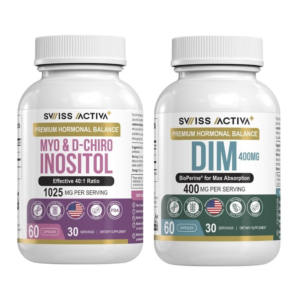 Swiss Activa+ DIM & Myo-Inositol Bundle – Hormone Balance & PCOS Support pour les femmes – Cycle menstruel, Mood, Estrogen et Santé Ovarienne – 60 jours d'approvisionnement