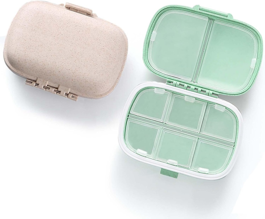MEACOLIA 2 Pack 8 Compartiments Travel Pill Organizer Box Hydraure Proof Small Pill Case for Pocket Purse Daily Pill Holder Container for Medicine Vitamine (Cyan & Khaki)