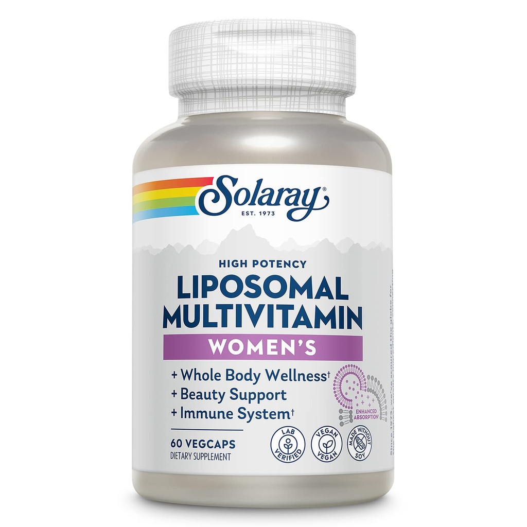 SOLARAY Multivitamine liposomique pour les femmes, Absorption accrue, Haute puissance avec/Iron, Vitamine D, Vitamine C, B12, Biotine, CoQ10, Soutien immunitaire, Santé des os, Vegan, 30 portions, 60 VegCaps