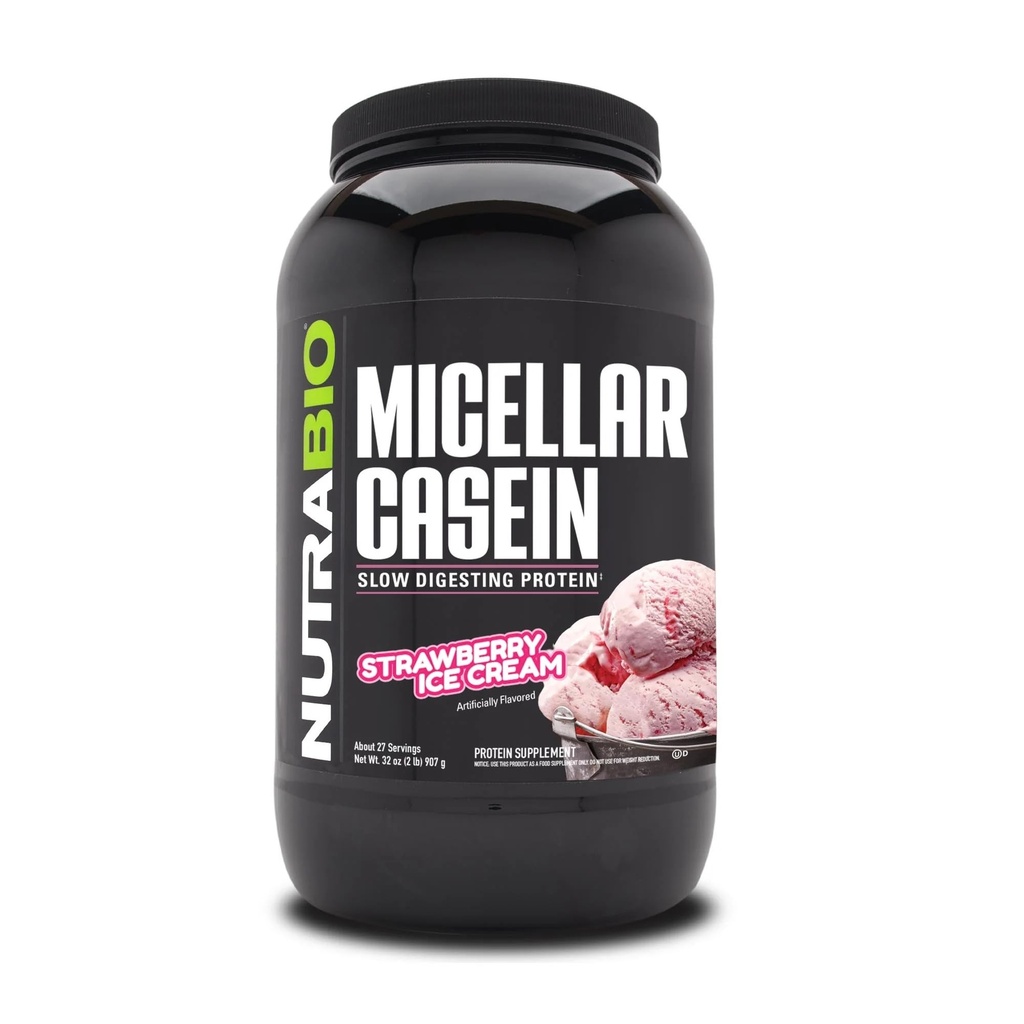 Poudre de protéines de caséine de NutraBio, poudre de casien micellaire, 25g de protéines à digestion lente, aide à vous garder complet, récupération musculaire nocturne et croissance, BCAA & EAA, sans gluten, sans soja, crème glacée de fraise de 2lb