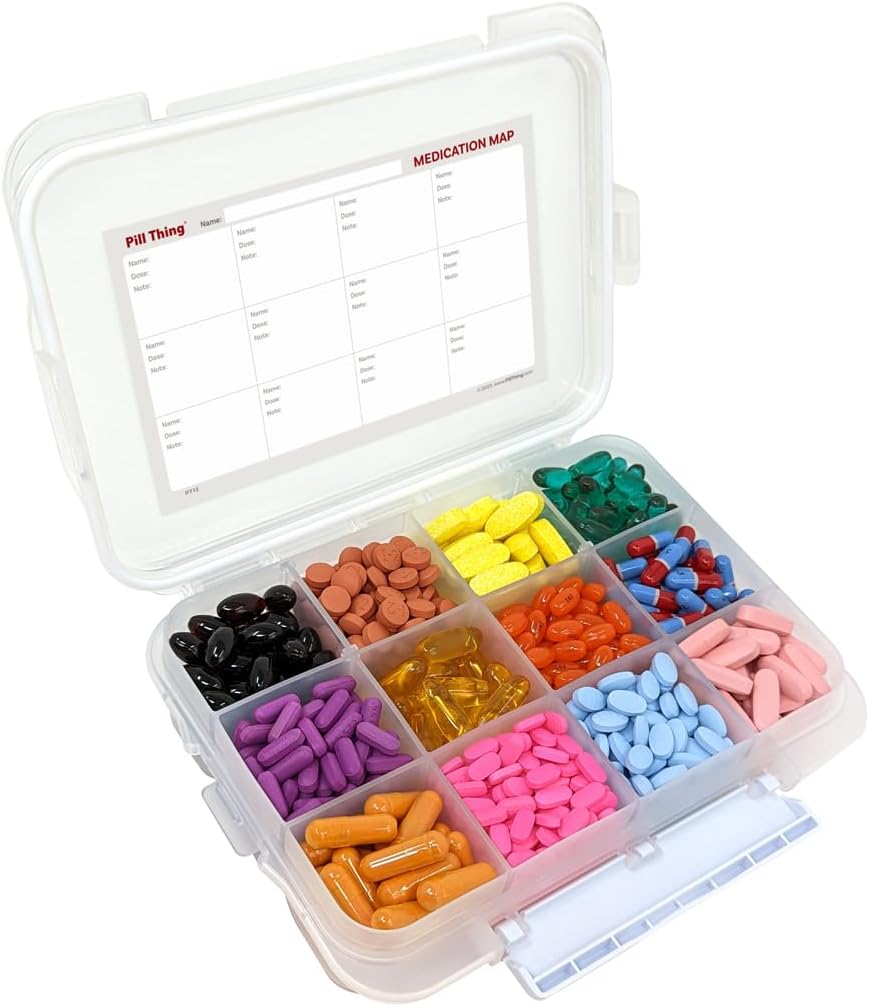 12 compartiment Grand étui à pilule avec joint hermétique - Silicone Gasket Waterproof Med Box avec carte des médicaments (12 compartiments, 1 paquet)