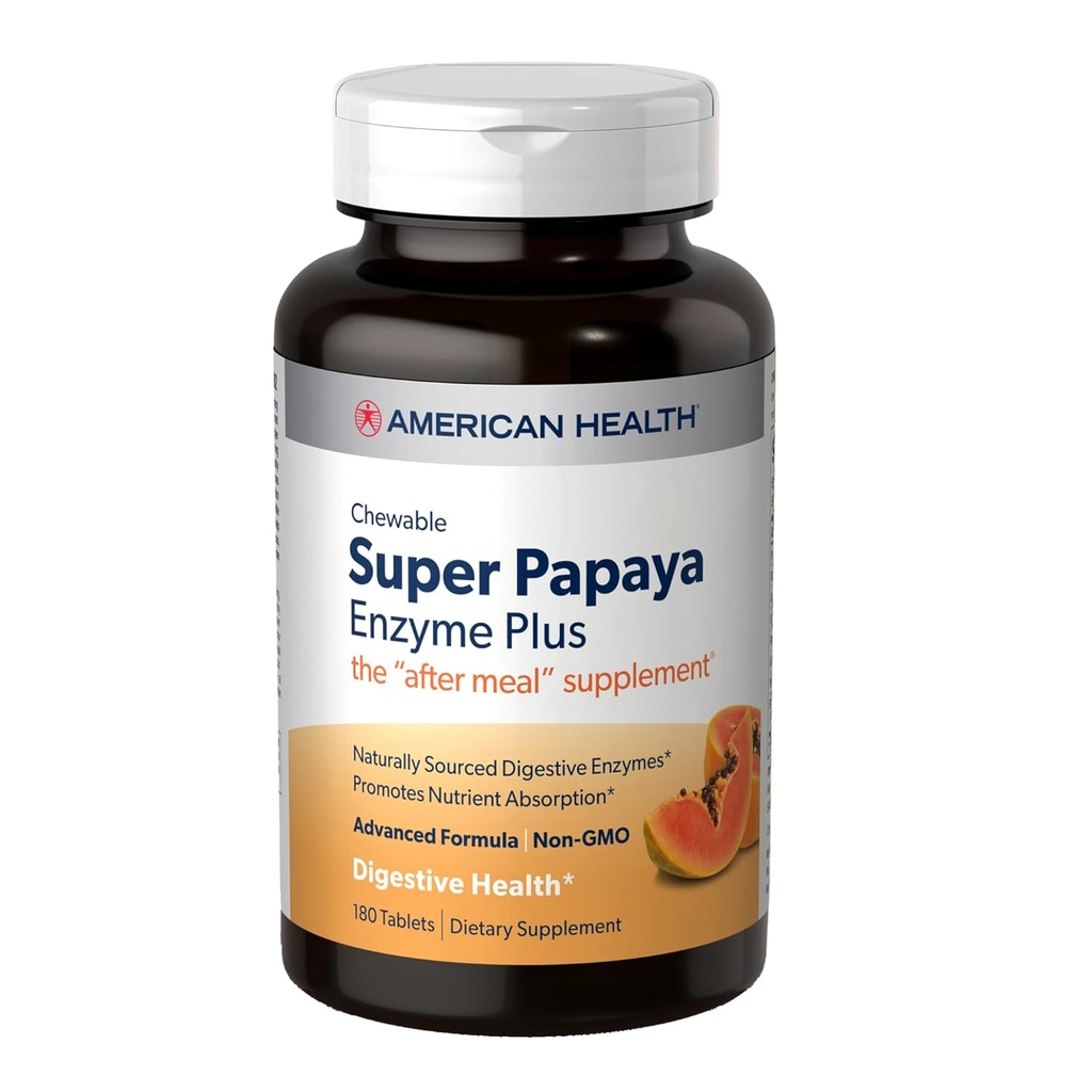 American Health Super Papaya Enzyme Plus - 180 comprimés à croquer - Le supplément après-repas - Non-OGM - 60 portions