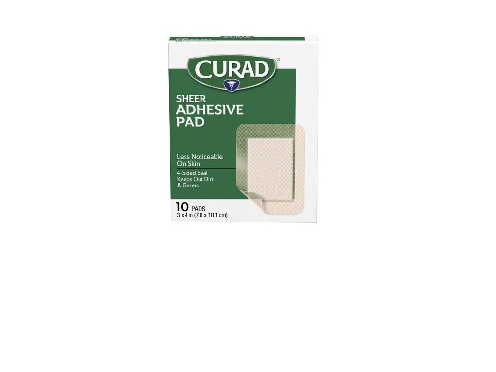bandages adhésifs CURAD Sheer, sceau à 4 sides, tampon absorbant, 3" x 4", soins de plaie avancés, 10 comtes, paquet de 24