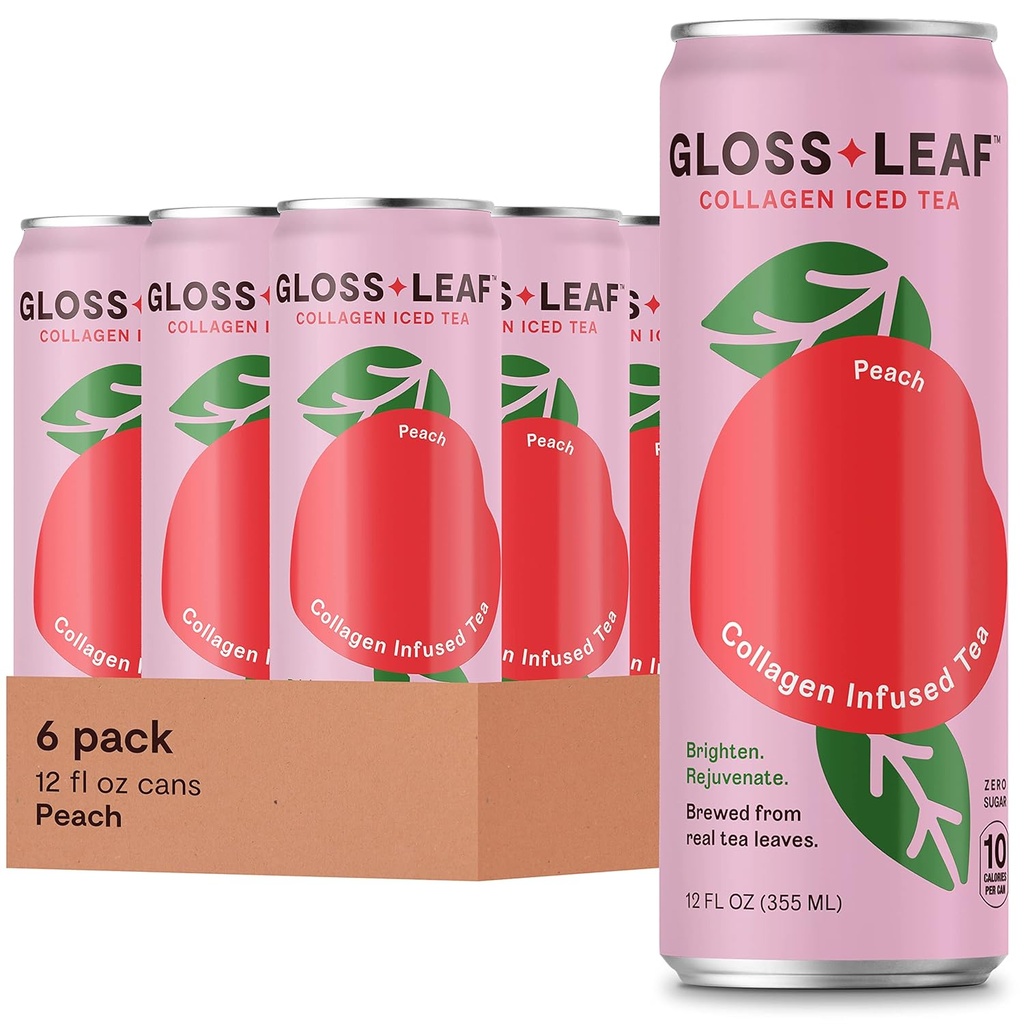Gloss Leaf Collagen Iced Tea (Zero-Sugar, Peach): Brewed Black Tea with Collagen Peptides Protein & Vitamin C, Beauty & Anti-Aging, 12 Fl Oz, 6 Pack