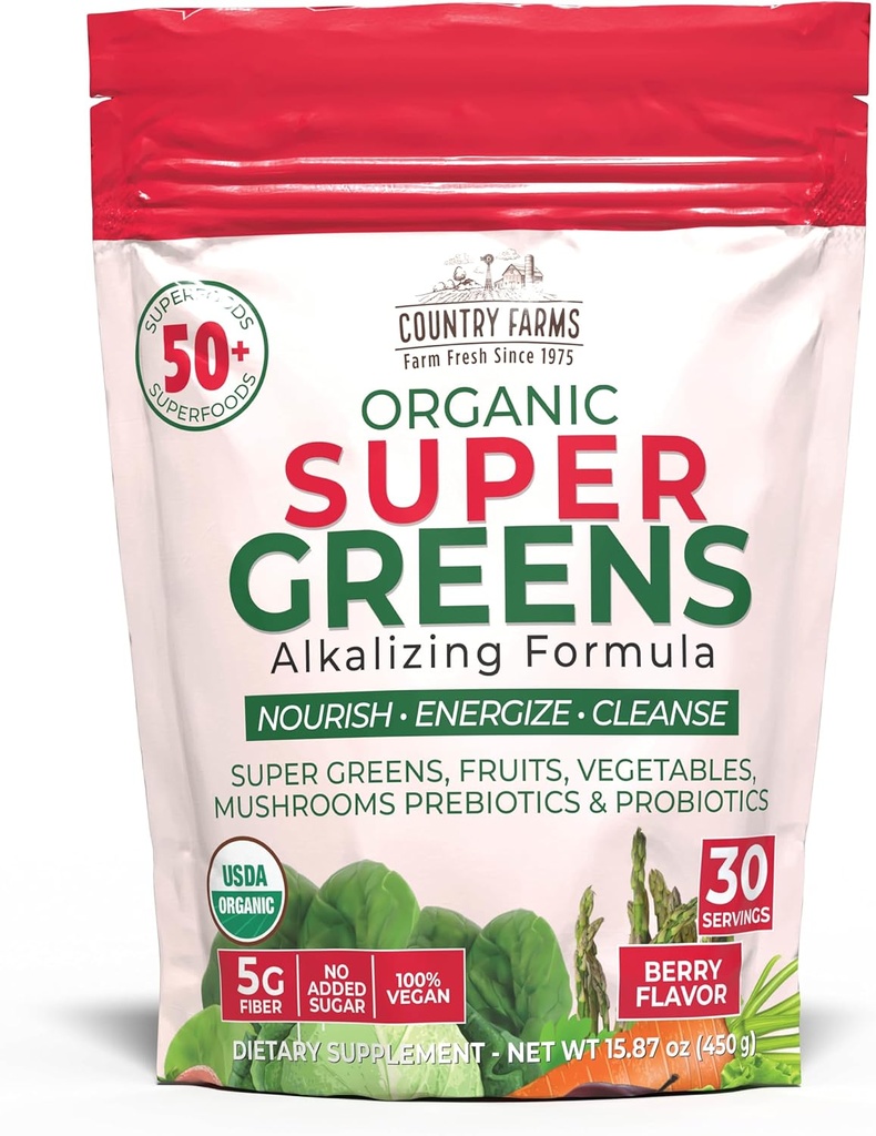 Fermes de campagne Super Greens Flavor de baies, 50 Super aliments biologiques, USDA Mélange de boisson biologique (herbe de blé, spiruline, Chlorella) Champignons et probiotiques, avec fibre, santé Gut, énergie naturelle, 30 portions