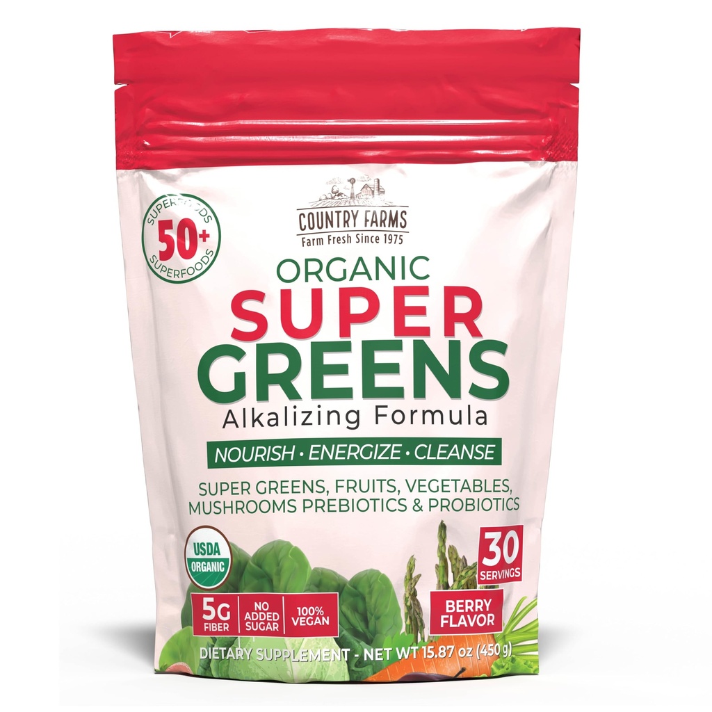Fermes de campagne Super Greens Flavor de baies, 50 Super aliments biologiques, USDA Mélange de boisson biologique (herbe de blé, spiruline, Chlorella) Champignons et probiotiques, avec fibre, santé Gut, énergie naturelle, 30 portions