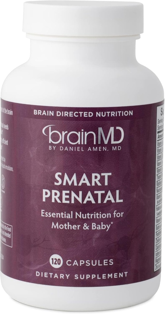 Dr Amen BrainMD Smart Prénatal - 120 capsules - Multivitamine pour maman et bébé, favorise la grossesse et la croissance en santé et le développement chez les bébés - sans gluten - 30 portions
