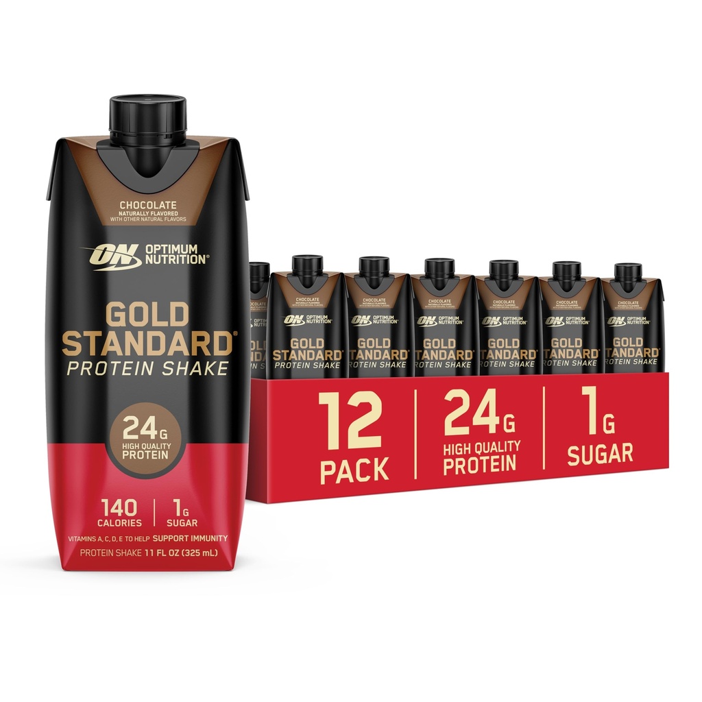 Optimum Nutrition Gold Standard Protein Shake, 24g Protein, prêt à boire des boissons protéinées, chocolat, 11 Fl Oz, 12 Compte (paquet de 1) (emballage mai vary)
