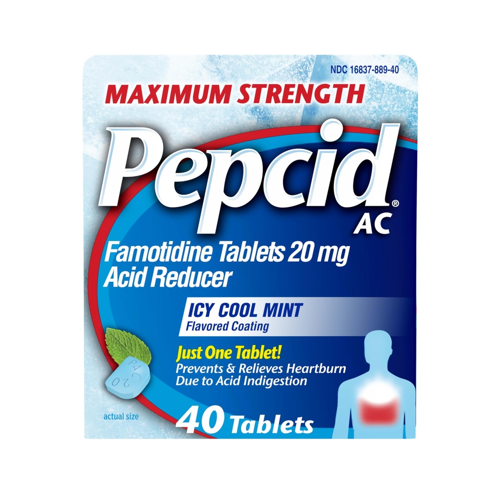 Pepcid AC Force maximale Comprimés de soulagement des brûlures d'estomac, OTC Médecine prévient et soulage les brûlures d'estomac en raison de l'indigestion acide et de l'estomac acide, 20mg Réducteur d'acide famotidine, ICA Monnaie fraîche, 40 ct