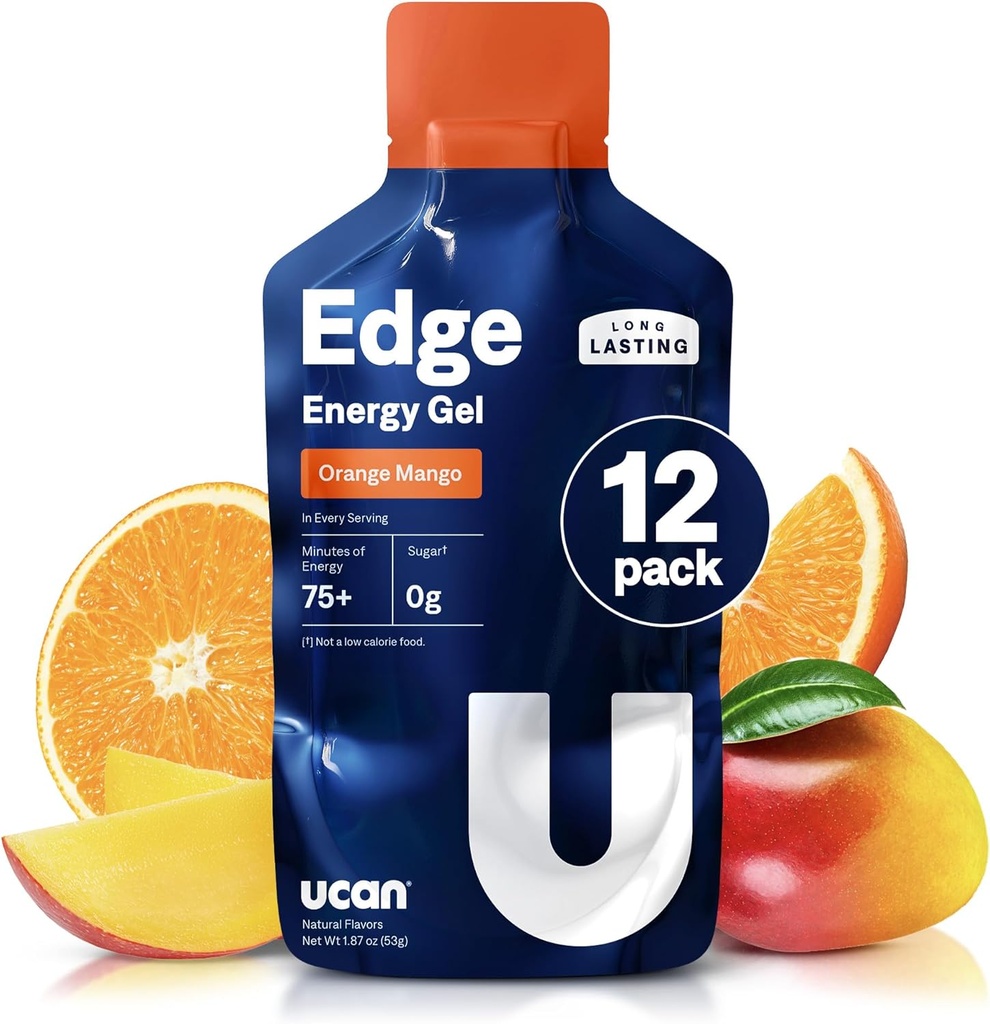 UCAN Edge Energy Gel Shots, Orange Mango (12, 2 Once Packets) pour la course, l'entraînement, les entraînements, la condition physique, le vélo, Crossfit, sans sucre, végétalien et Keto Friendly Energy