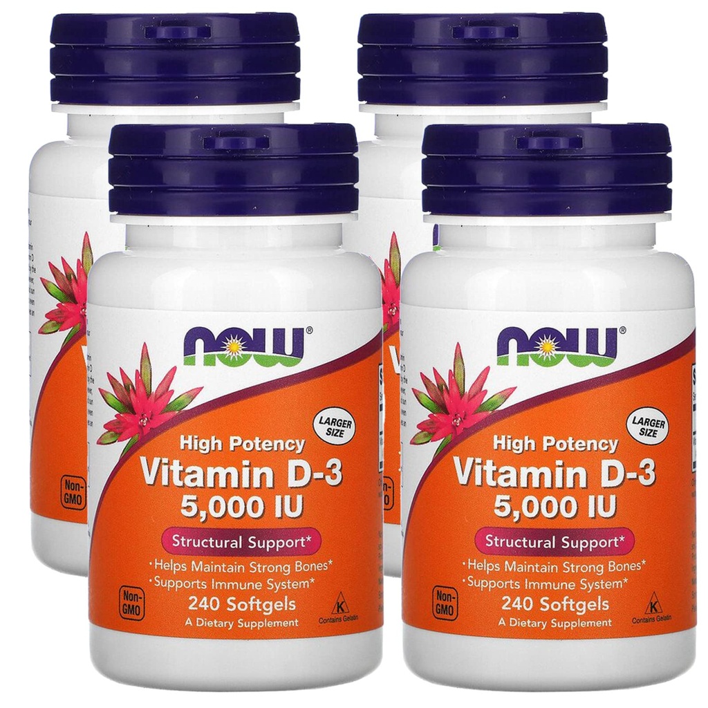 Maintenant, compléments alimentaires, vitamine D-3 5 000 UI, haute puissance, soutien structurel*, 240 Softgels (4 pack)