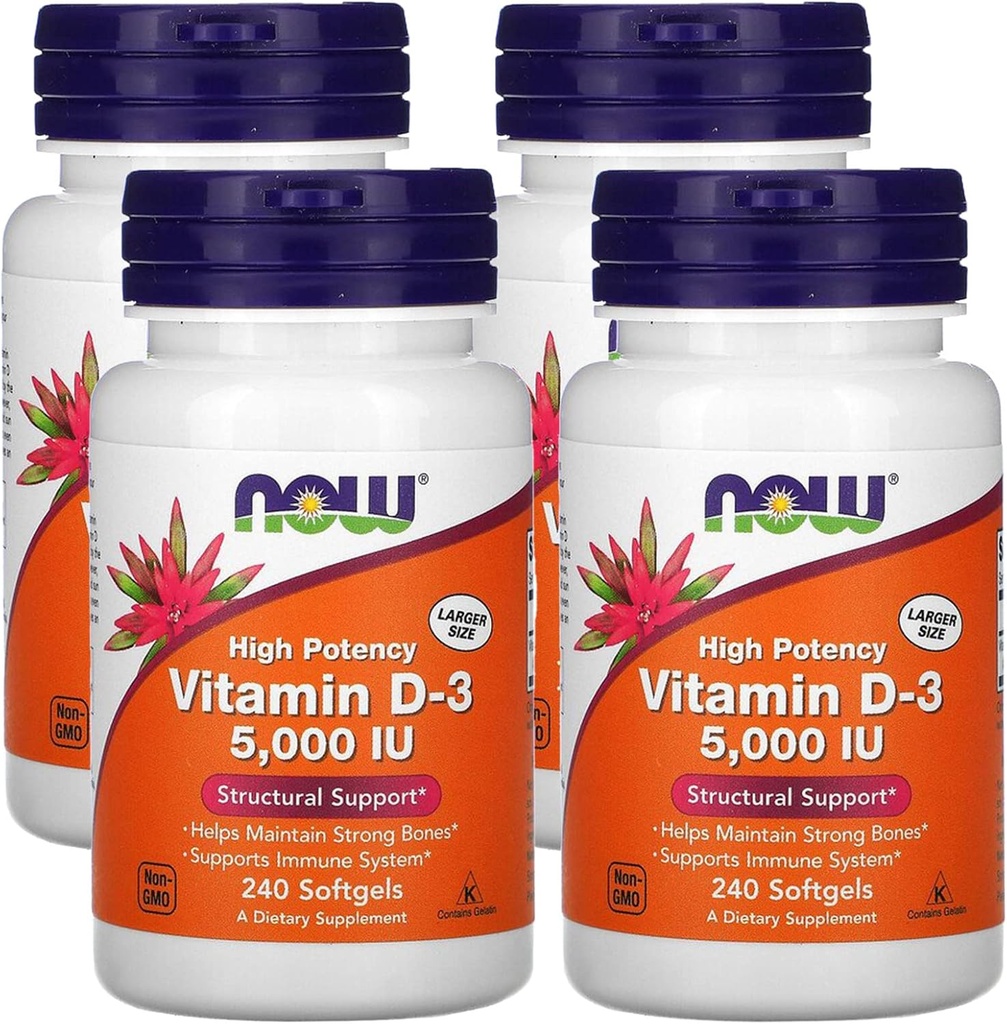 Maintenant, compléments alimentaires, vitamine D-3 5 000 UI, haute puissance, soutien structurel*, 240 Softgels (4 pack)