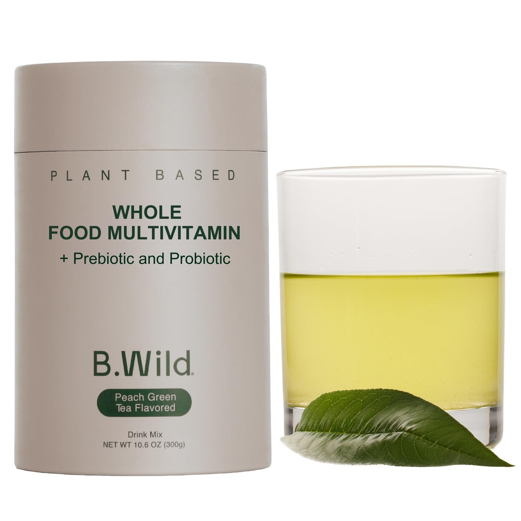 Mélange de boissons multivitamines à base végétale B.WILD – Thé vert de pêche rafraîchissant avec prébiotiques, probiotiques et adaptogènes pour Gut Health & Stress Support – 30 portions – végétalien, sans gluten