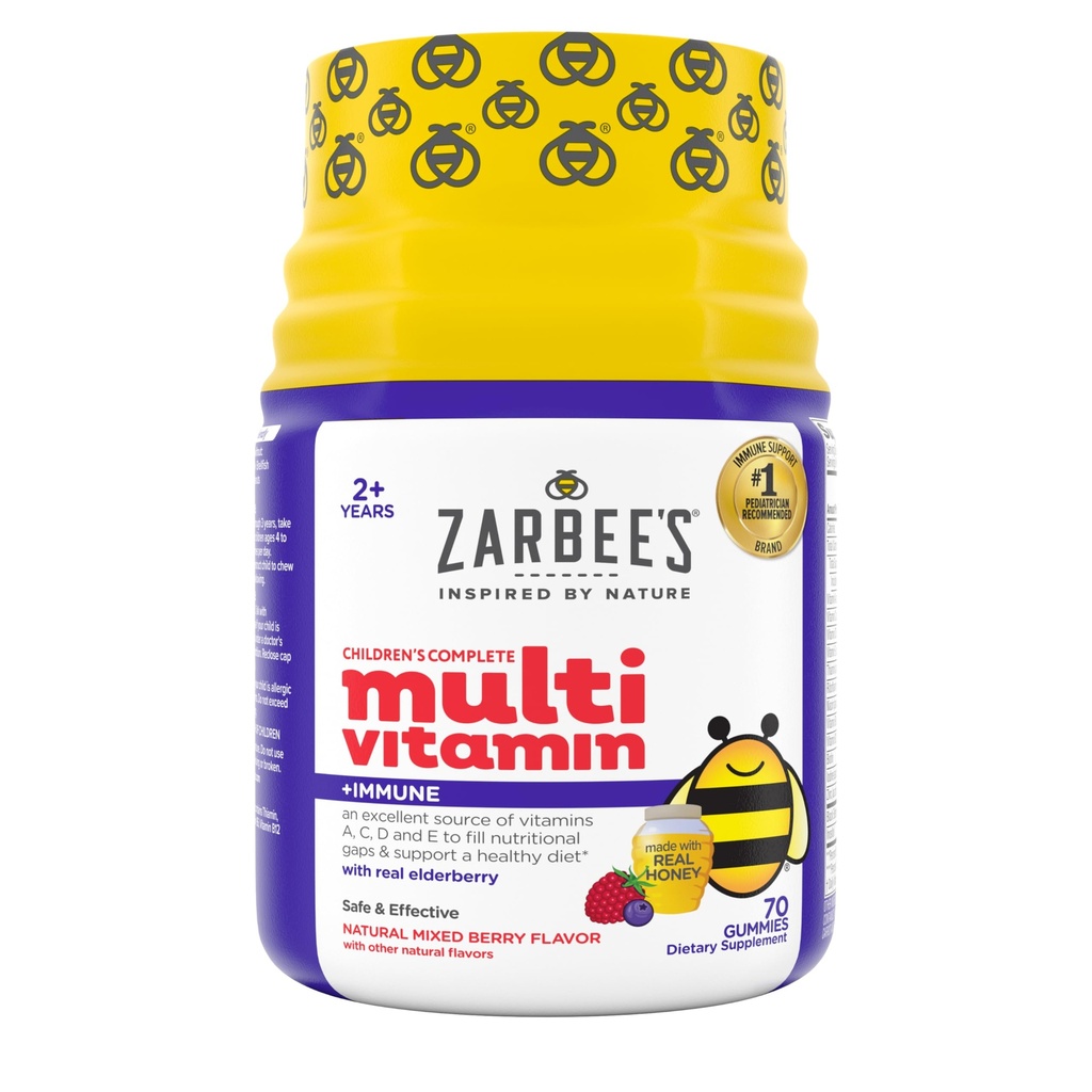 Zarbee's Complete Kids Multivitamin Gummies + Immune Support, Children Vitamins Gummy with Vitamin A, C, D3, E, B6, B12, Folic Acid & Total B-complex, 70 ct