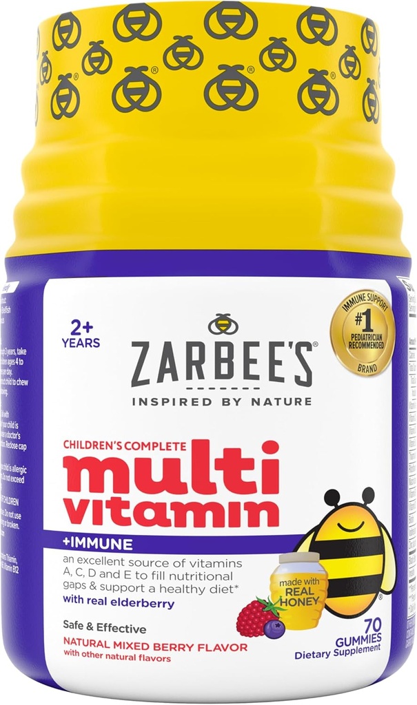Zarbee’s Complete Kids Multivitamin Gummies + Immune Support, Berry Flavor, Honey-Sweetened, Gluten-Free & Gelatin-Free, Vitamins A, C, D3, E, B6, B12, Folic Acid & B-Complex, 70 Count