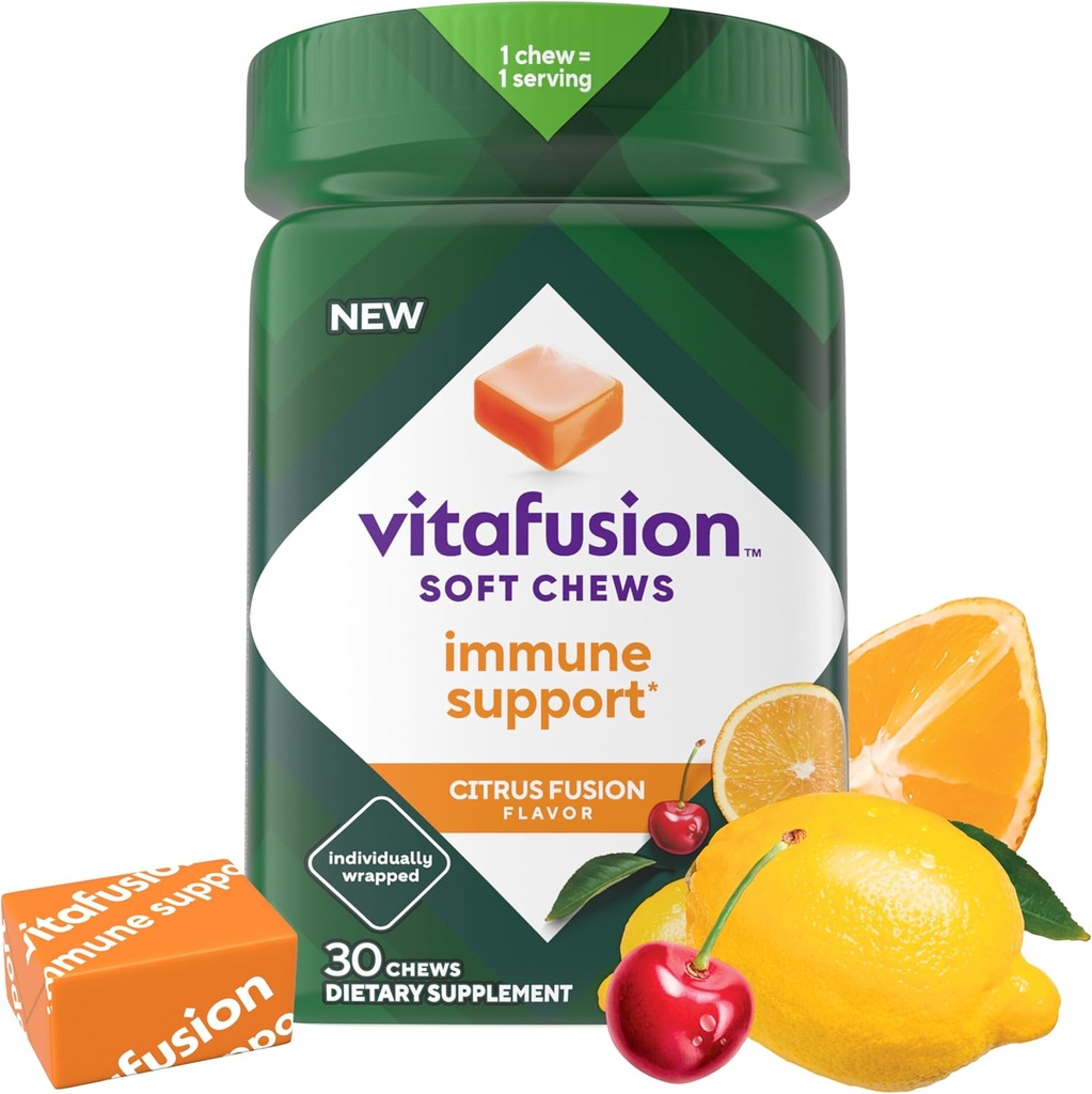 Vitafusion Soft Chews Immune Support (1), Vitamine C à mâcher pour adultes pour le soutien immunitaire, Enveloppé individuellement, Citrus Fusion Flavor, 30 Chews, 30 jours d'approvisionnement