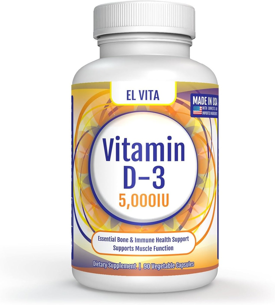 90 Capsules végétales Vitamine D. D3 5000IU (125 MCG) Supplément diététique de soutien immunitaire de haute puissance. Relèvement musculaire sain avancé. Formule non-OGM