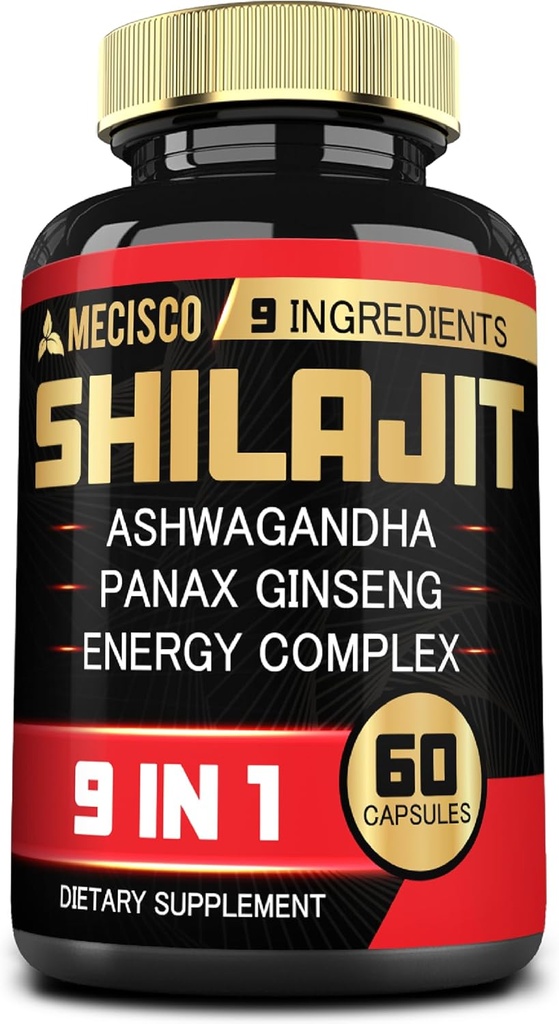Shilajit Supplement with Ashwagandha Root, Panax Ginseng, L-Arginine, Chaga & More - Shilajit Pure Himalayan Organic - Immune System, Energy Production, Stamina & Comfortable Mood - 60 Capsules