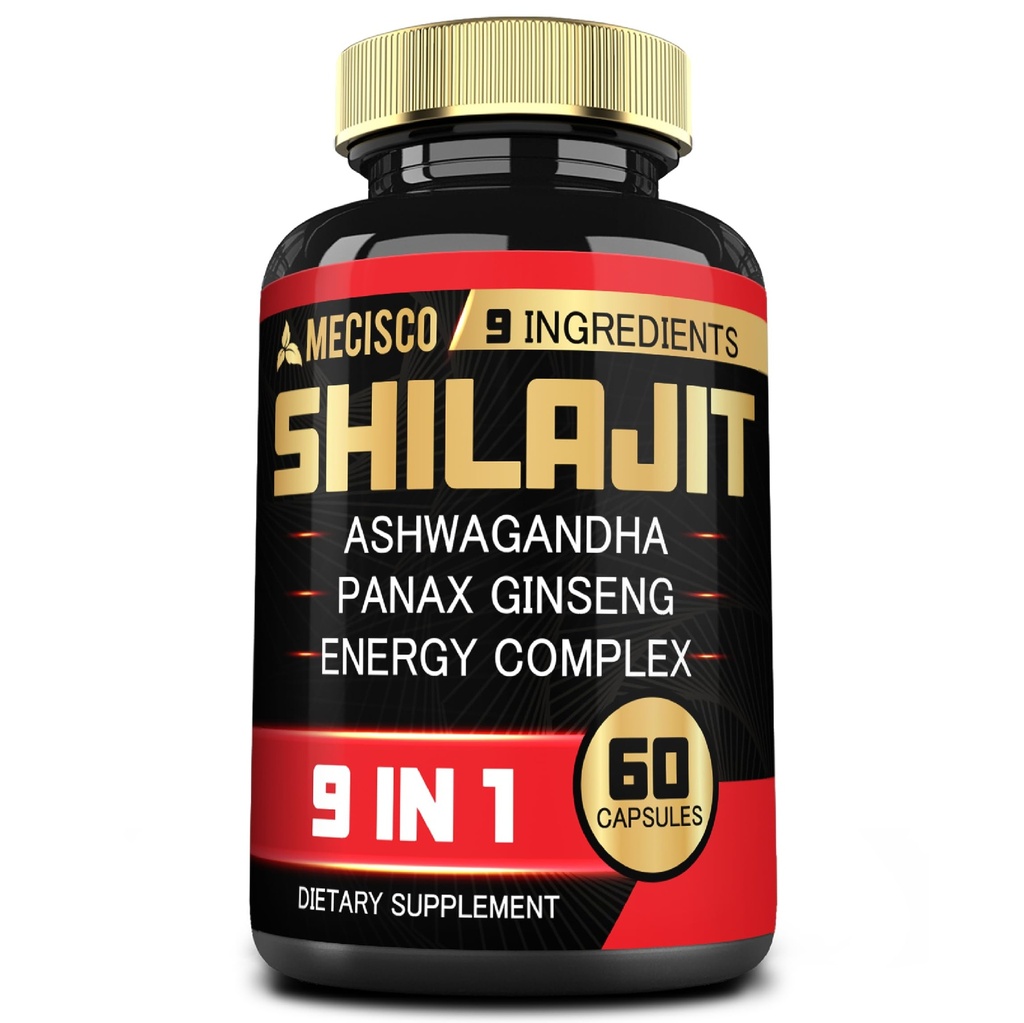 Supplément Shilajit avec racine d'Ashwagandha, Panax Ginseng, L-Arginine, Chaga & More - Shilajit Pure Himalayan Organic - Système immunitaire, Production d'énergie, Stamina & Confortable Mood - 60 Capsules