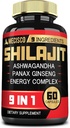Supplément Shilajit avec racine d'Ashwagandha, Panax Ginseng, L-Arginine, Chaga & More - Shilajit Pure Himalayan Organic - Système immunitaire, Production d'énergie, Stamina & Confortable Mood - 60 Capsules