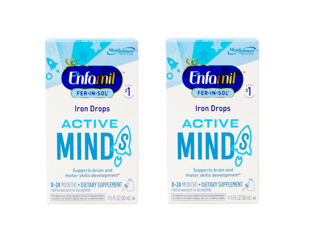 Enfamil Fer-In-Sol gouttes de supplément de fer pour les nourrissons et les tout-petits, soutient le développement du cerveau, bouteille de 50 mL, boîte de 2