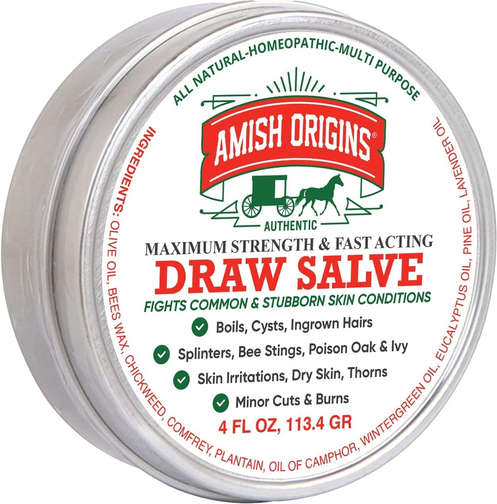Amish Origins Dessin Salve Onguent, 4 oz de la force maximale Sauve de dessin rapide à action pour les attelles, bouillir, piques d'abeilles, kyste, crème anti démangeaison, fabriqué aux États-Unis
