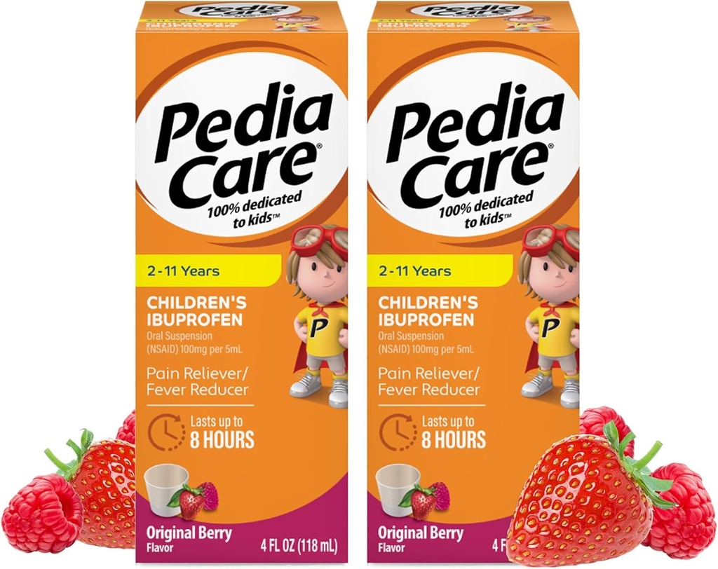 Ibuprofène pour enfants Suspension buvable liquide, enfants analgésique + réducteur de fièvre, 2-11 ans, goût de baie, 4 fl oz (2 pack)