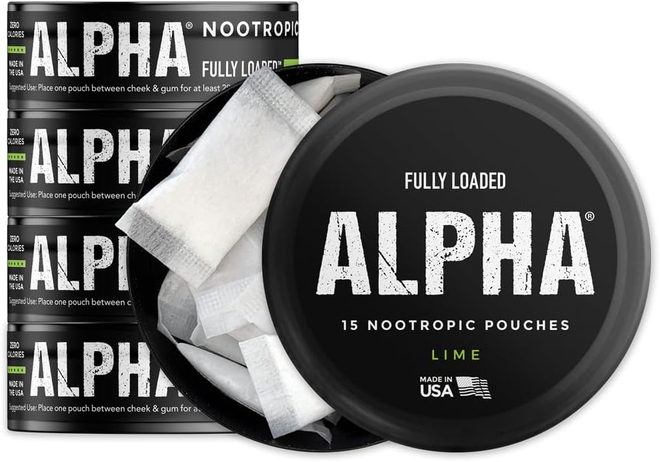 Pochettes alpha nootropiques entièrement chargées (Lime) - 5 Canettes - 15 Pochettes par boîte - Livraison nootrope efficace, Remplacement Nic Pouch - Absorption plus rapide, Alpha GPC, L-Tyrosine, GABA