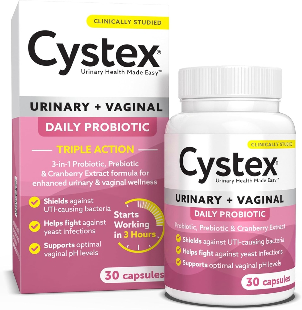 Cystex 3-en-1 Probiotique de traitement urinaire pour les femmes - Soutien rapide de l'ITU et de l'infection des levures avec prébiotiques, probiotiques et canneberges - Soutient pH vaginal et équilibre de la flore - 30 capsules